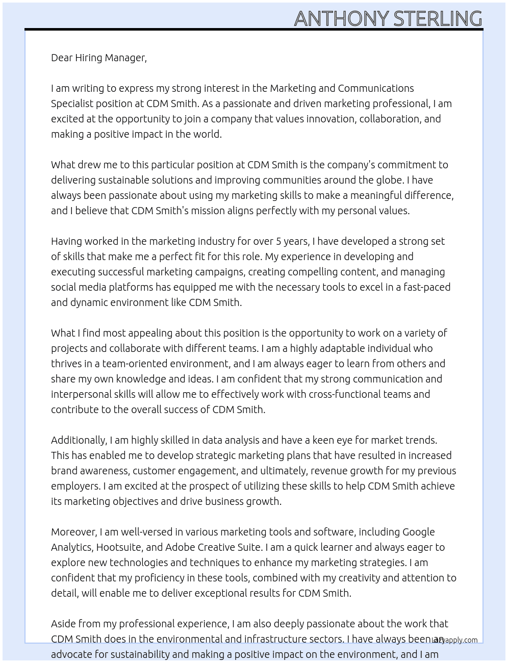 Marketing and Communications Specialist At CDM Smith Cover Letter