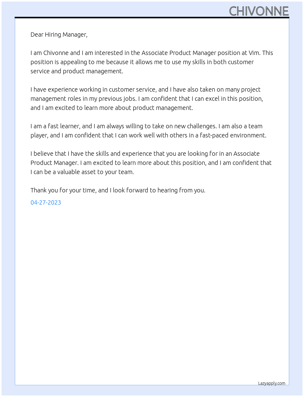 Associate Product Manager At Vim Cover Letter