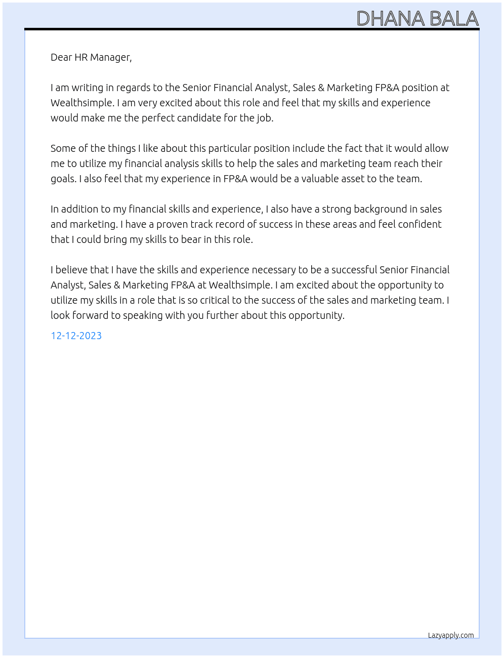 Senior Financial Analyst, Sales & Marketing FP&A At Wealthsimple Cover Letter