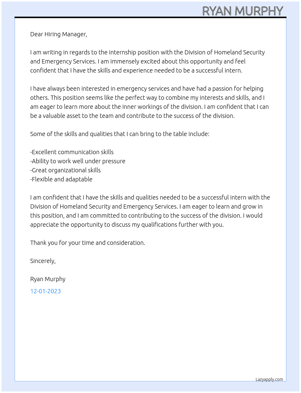 Internship  At Division of Homeland Security and Emergency Services  Cover Letter