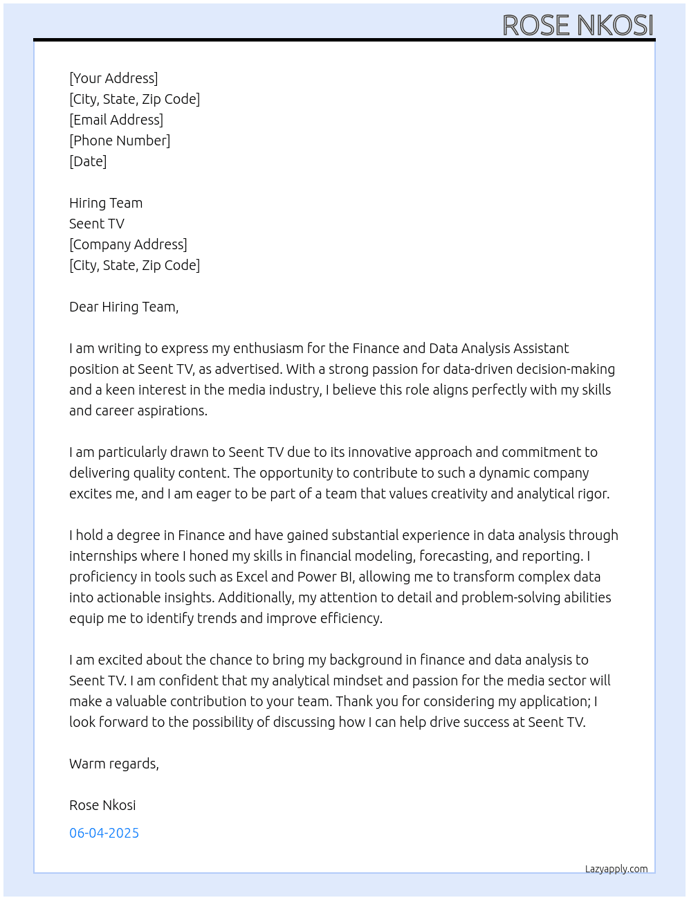 Finance and data analysis assistant At Seent tv Cover Letter