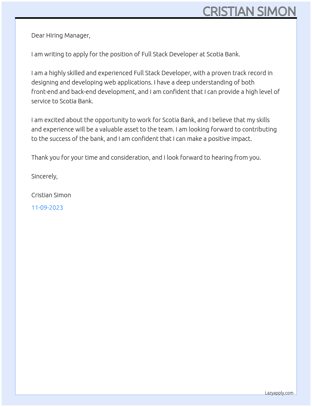Full Stack Developer At Scotia Bank Cover Letter