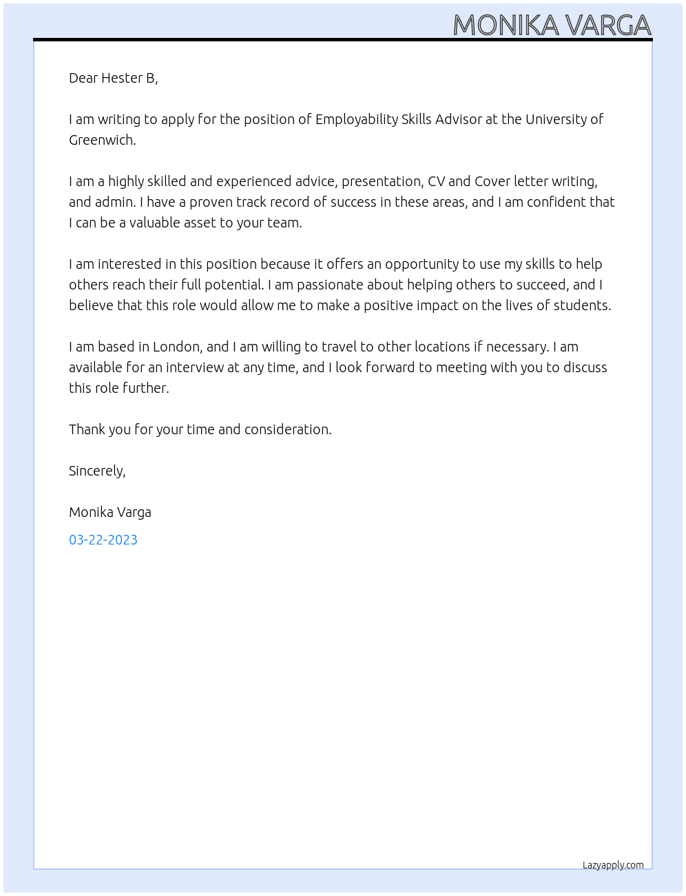 Employability Skills Advisor At University of Greenwich Cover Letter