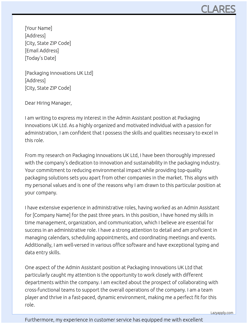 Admin Assistant At Packaging Innovations UK Ltd Cover Letter