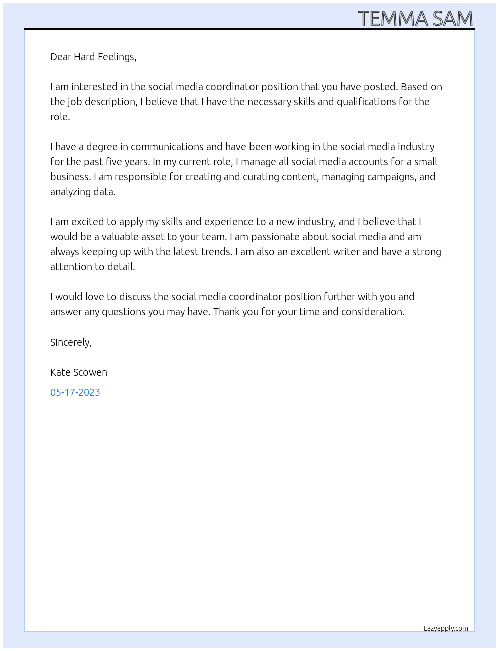Social Media Coordinator At Hard Feelings Cover Letter