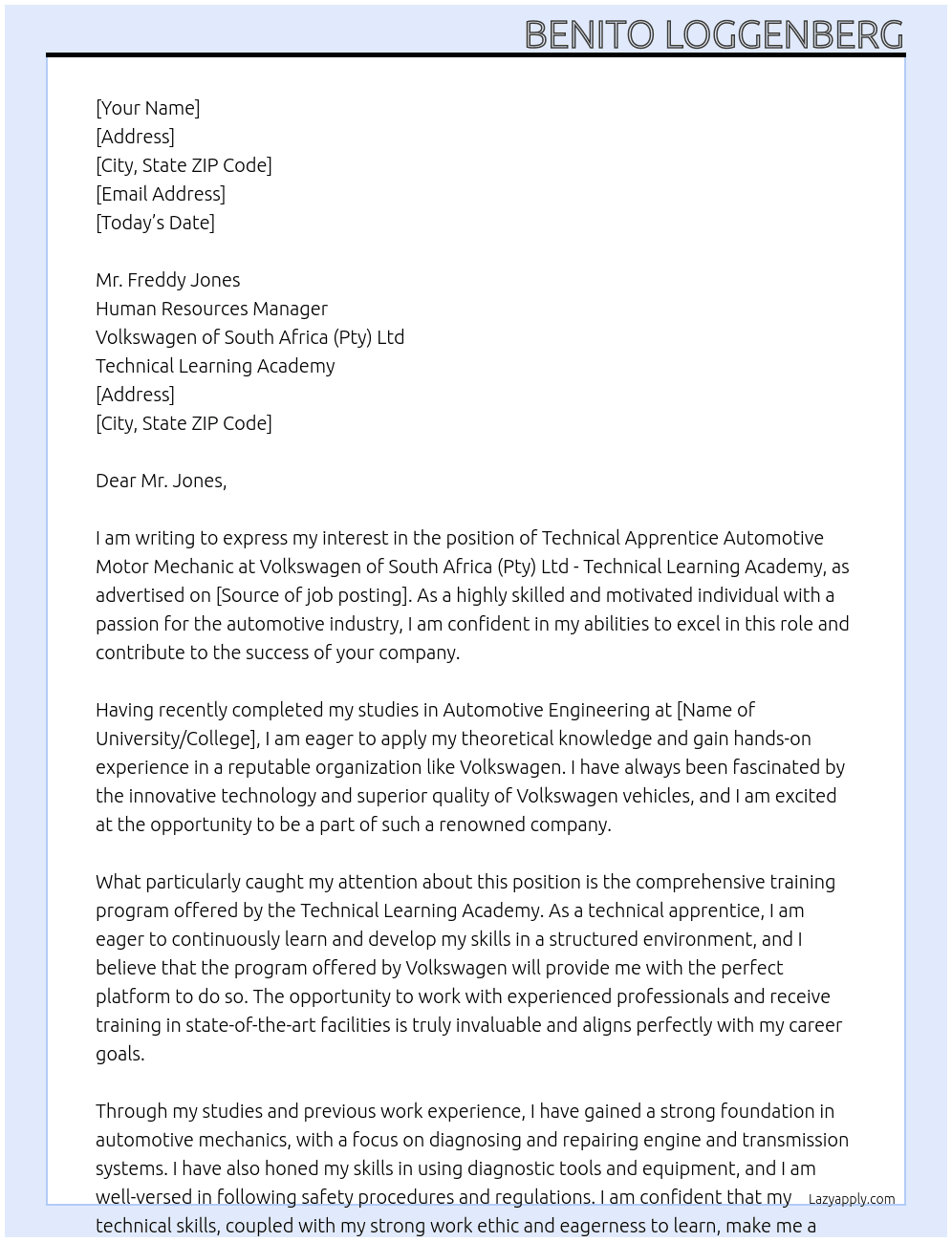 Cover letter for technical apprentice automotive motor mechanic - LazyApply