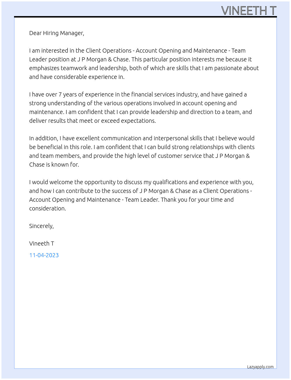 Client Operations - Account Opening and Maintenance - Team Leader At J P Morgan & Chase Cover Letter