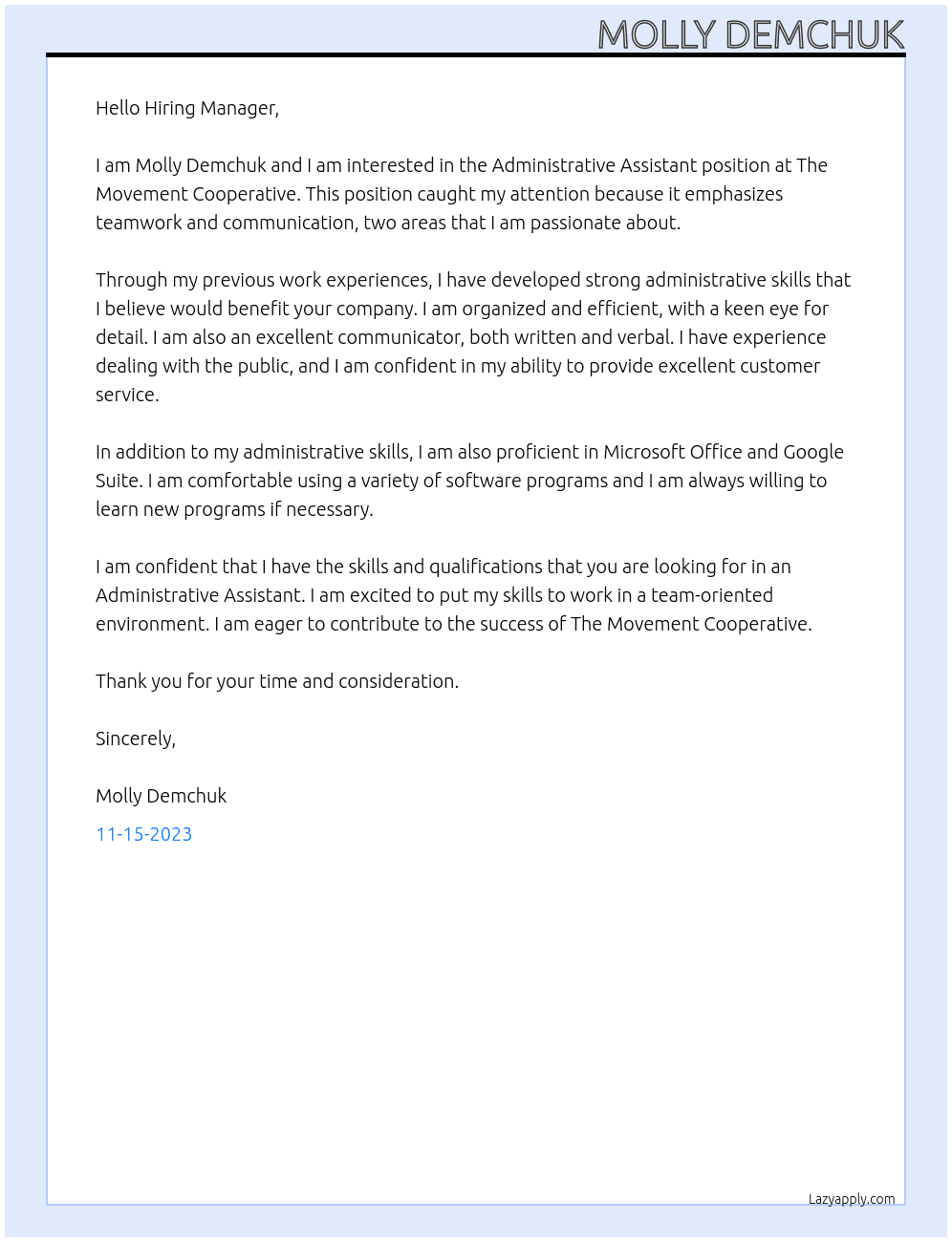 Administrative Assistant At The Movement Cooperative Cover Letter