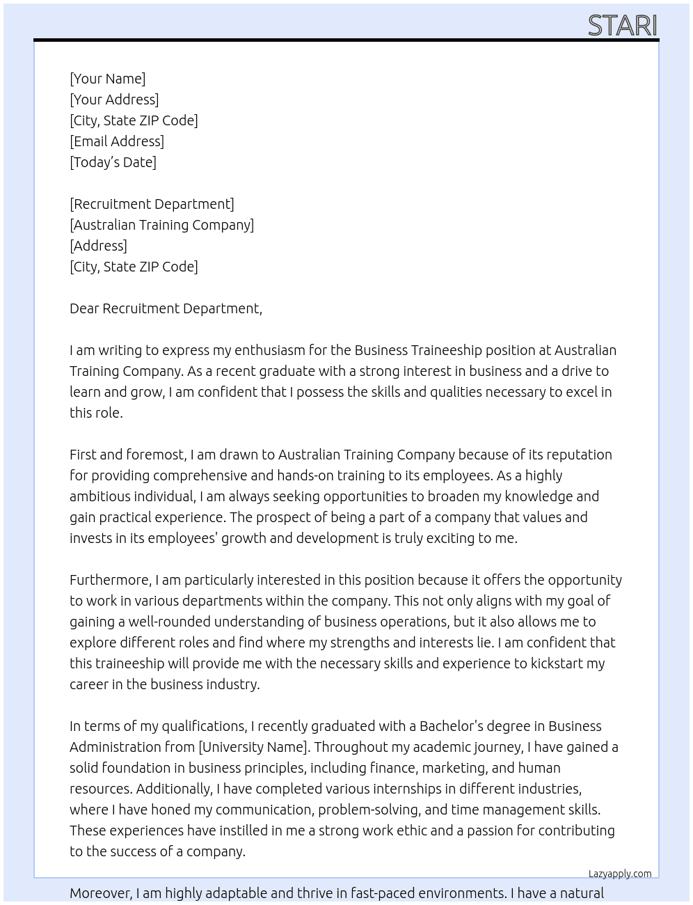 Business Traineeship At Australian Training Company Cover Letter