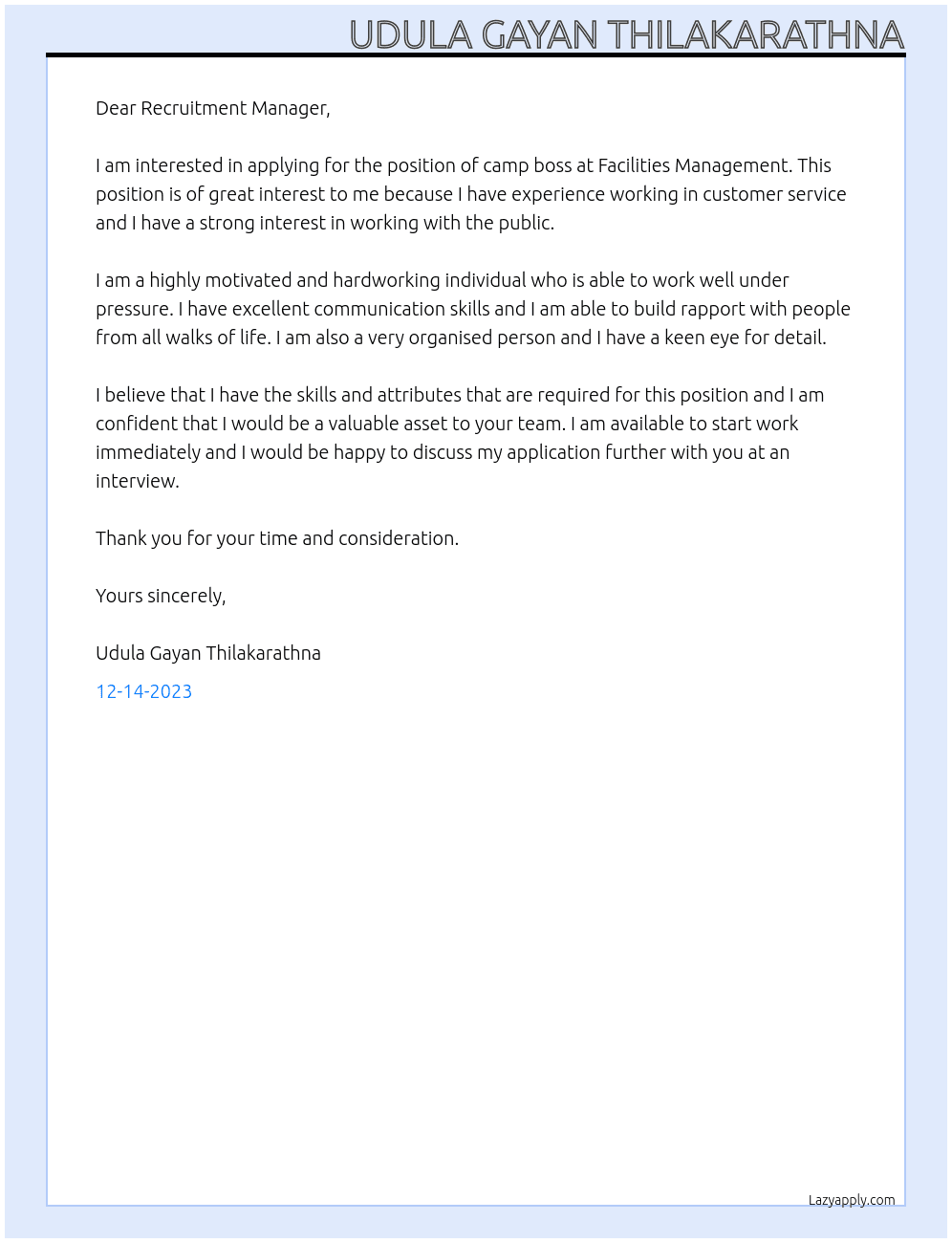 camp boss At Facilities management Cover Letter