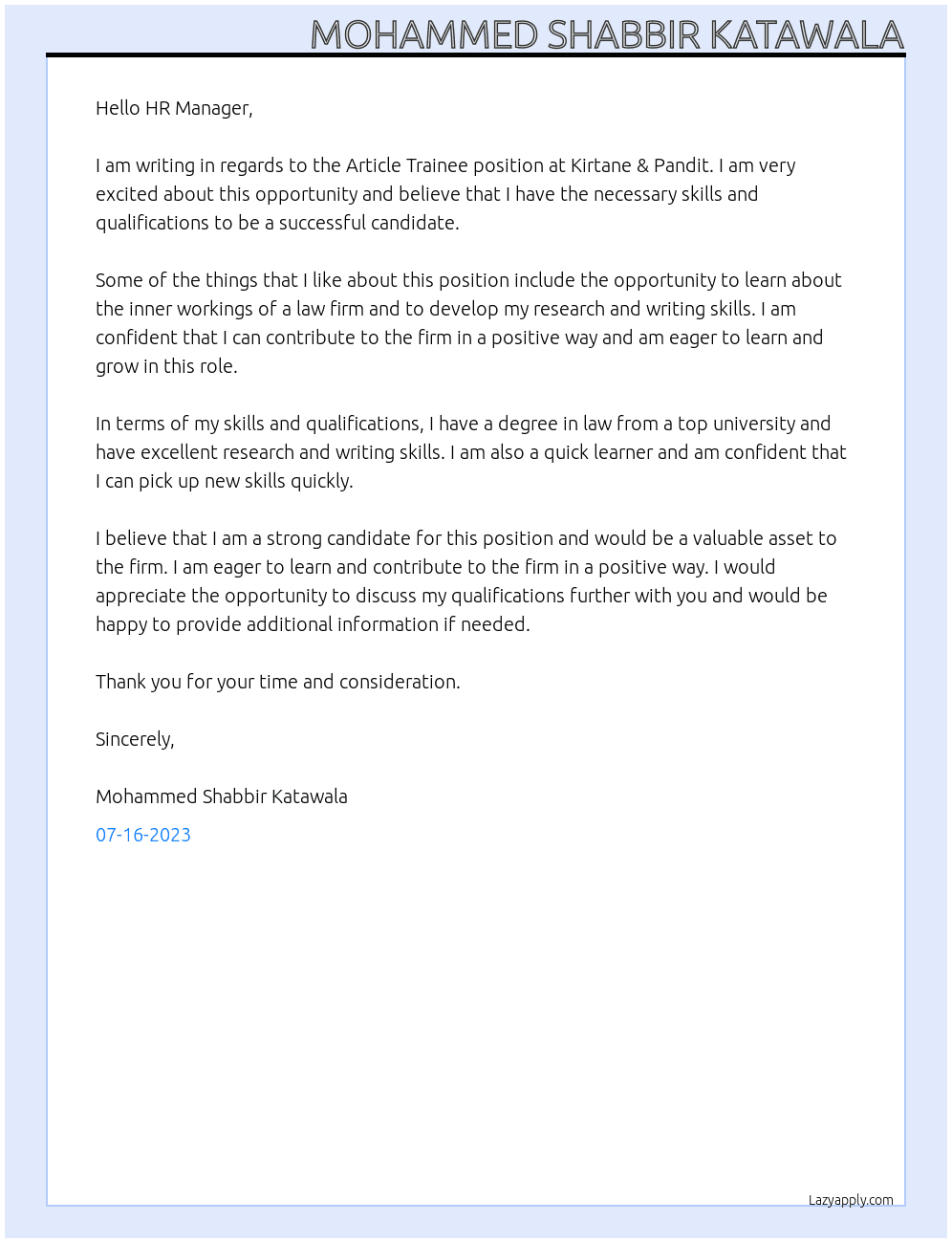 Article Trainee At Kirtane & Pandit Cover Letter