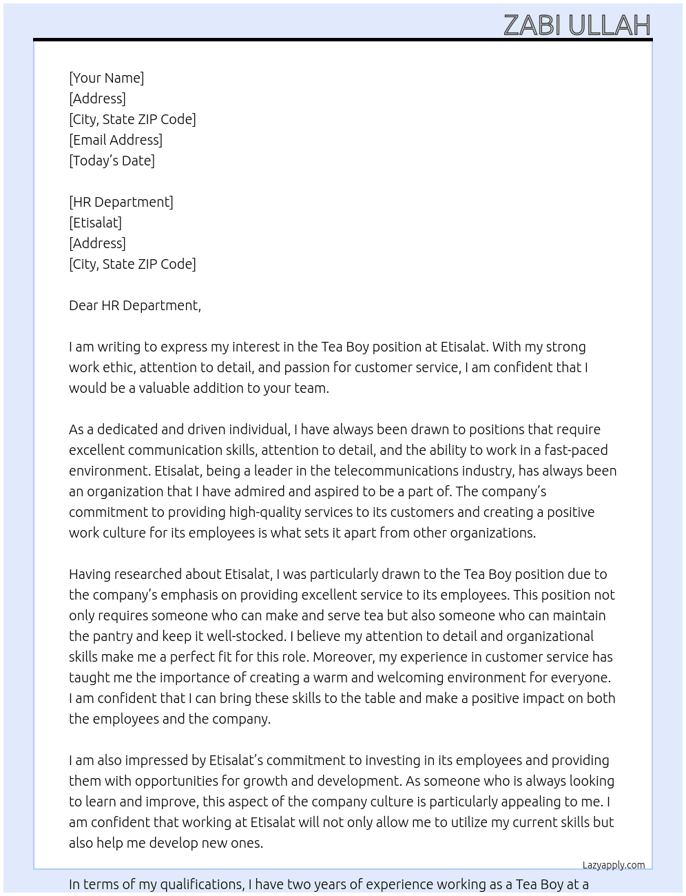 tea Boy At Etisalat Cover Letter
