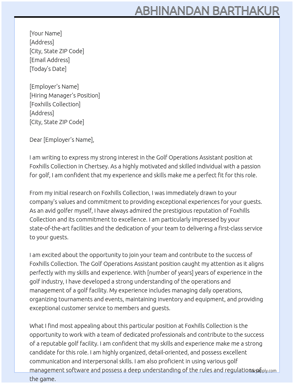 Golf Operations Assistant At Foxhills Collection - Chertsey Cover Letter