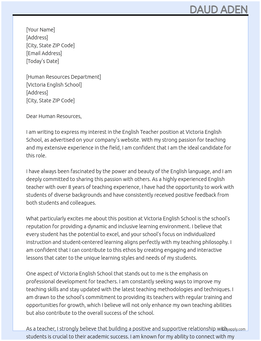 English teacher At Victoria English School Cover Letter