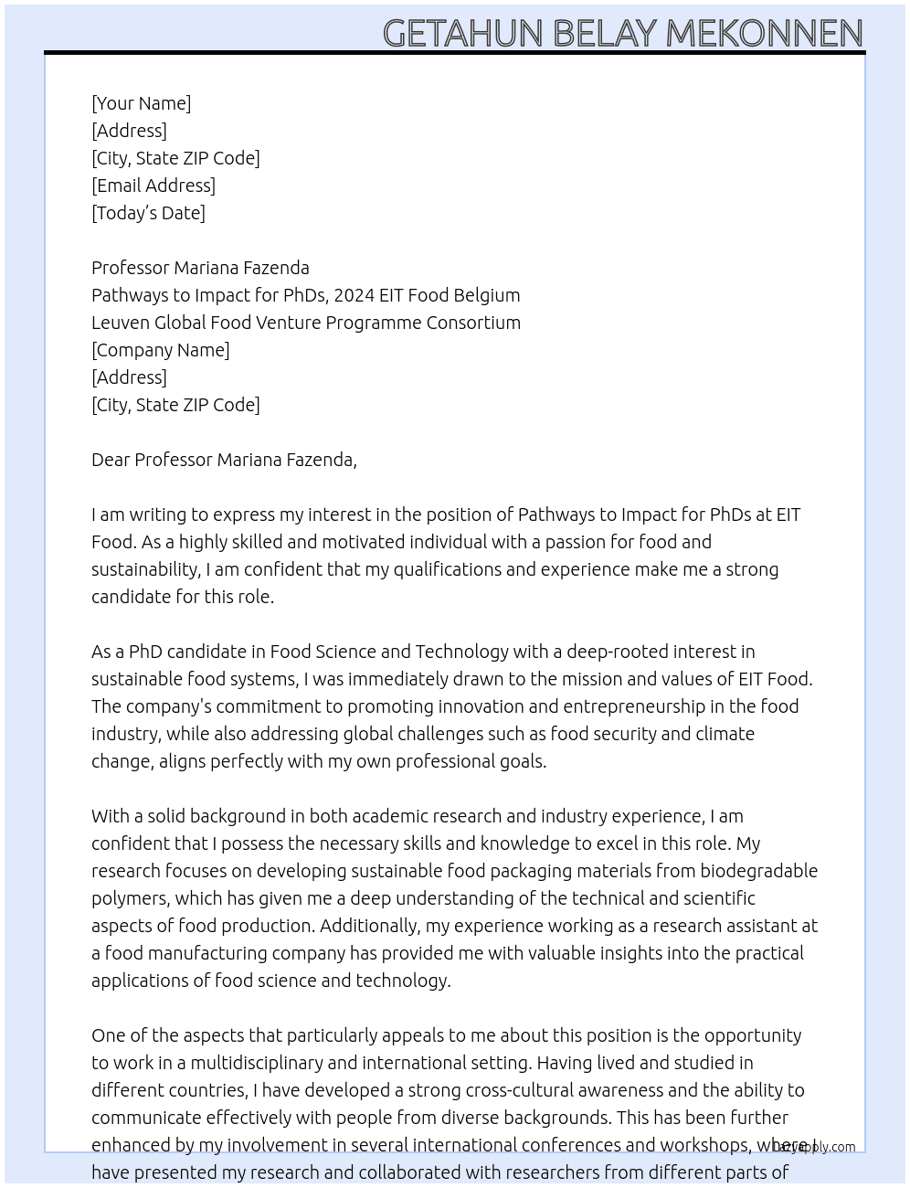 Pathways to Impact for PhDs, 2024 EIT Food Belgium, Leuven Global Food Venture Programme Consortium  At EIT Food Cover Letter