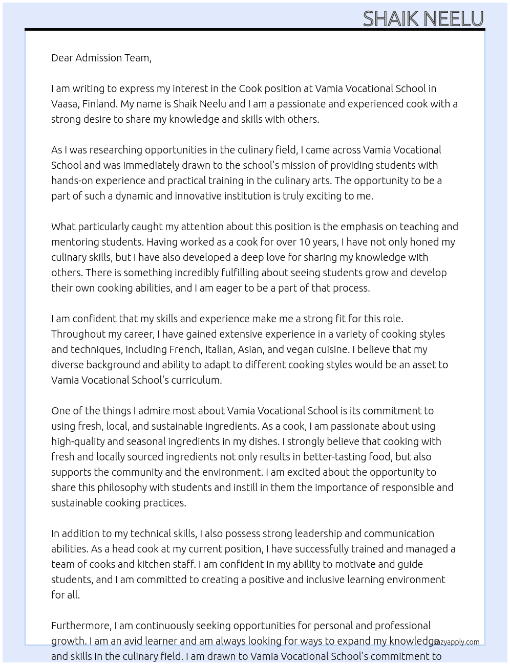 Cook At Vamia Vocational School Cover Letter