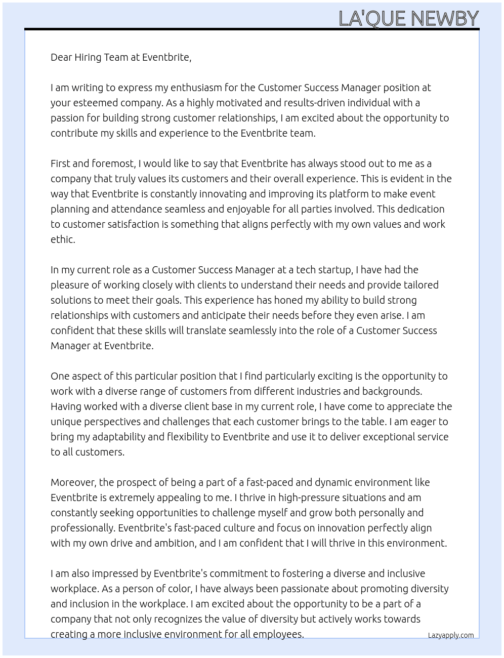 Customer Success Manager At Eventbrite Cover Letter