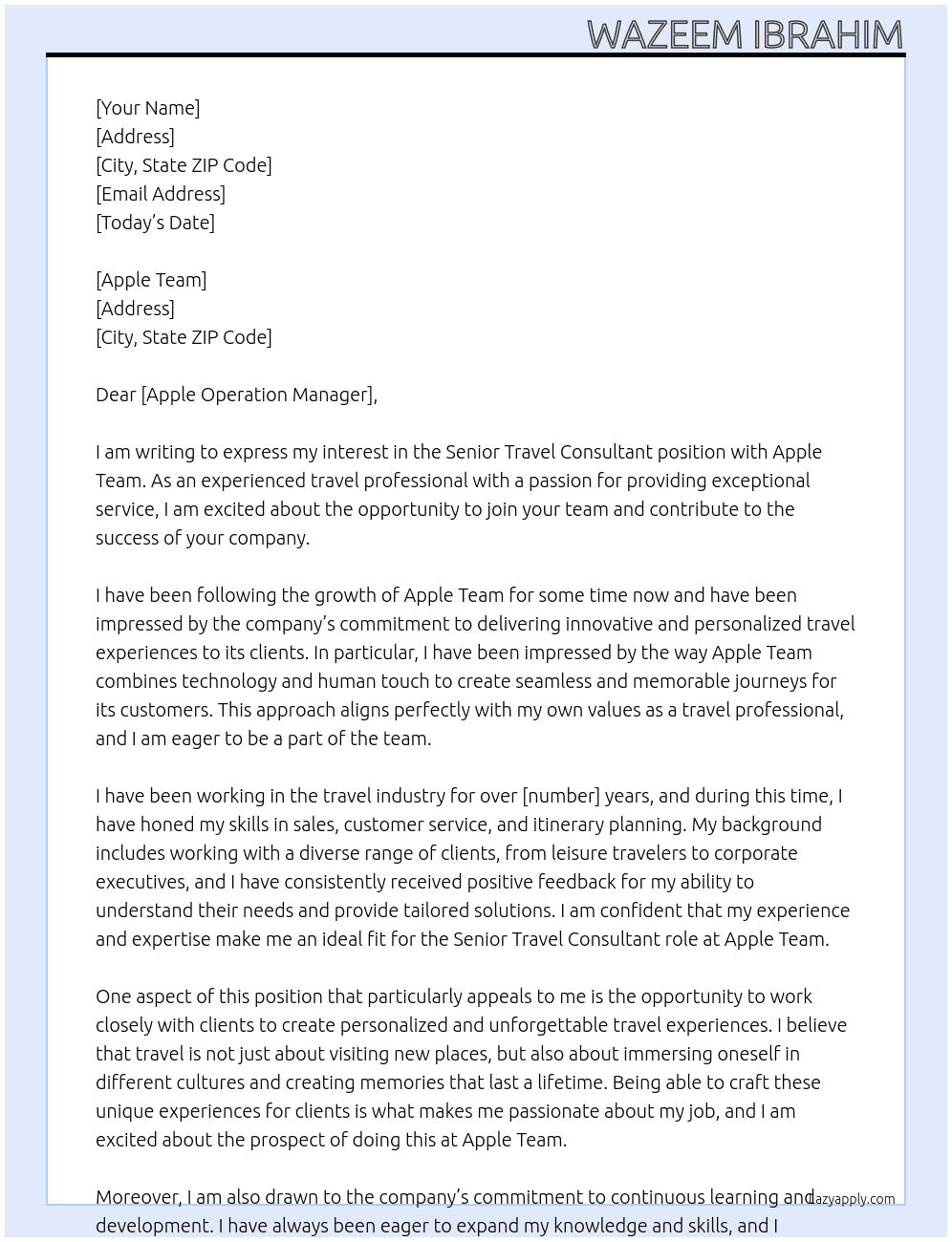 Senior travel consultant At Apple Team Cover Letter