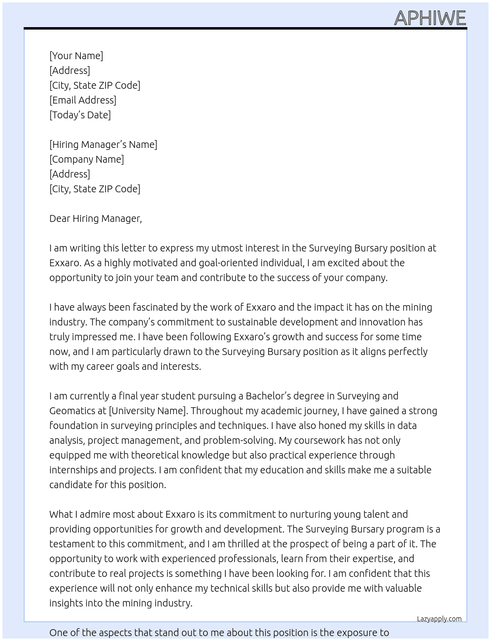 Surveying Bursary At Exxaro  Cover Letter
