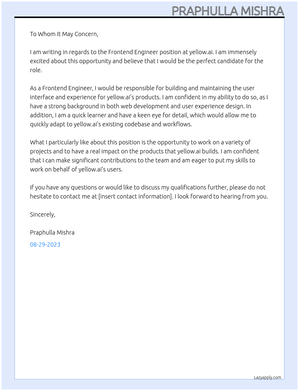 Frontend Engineer At yellow.ai Cover Letter