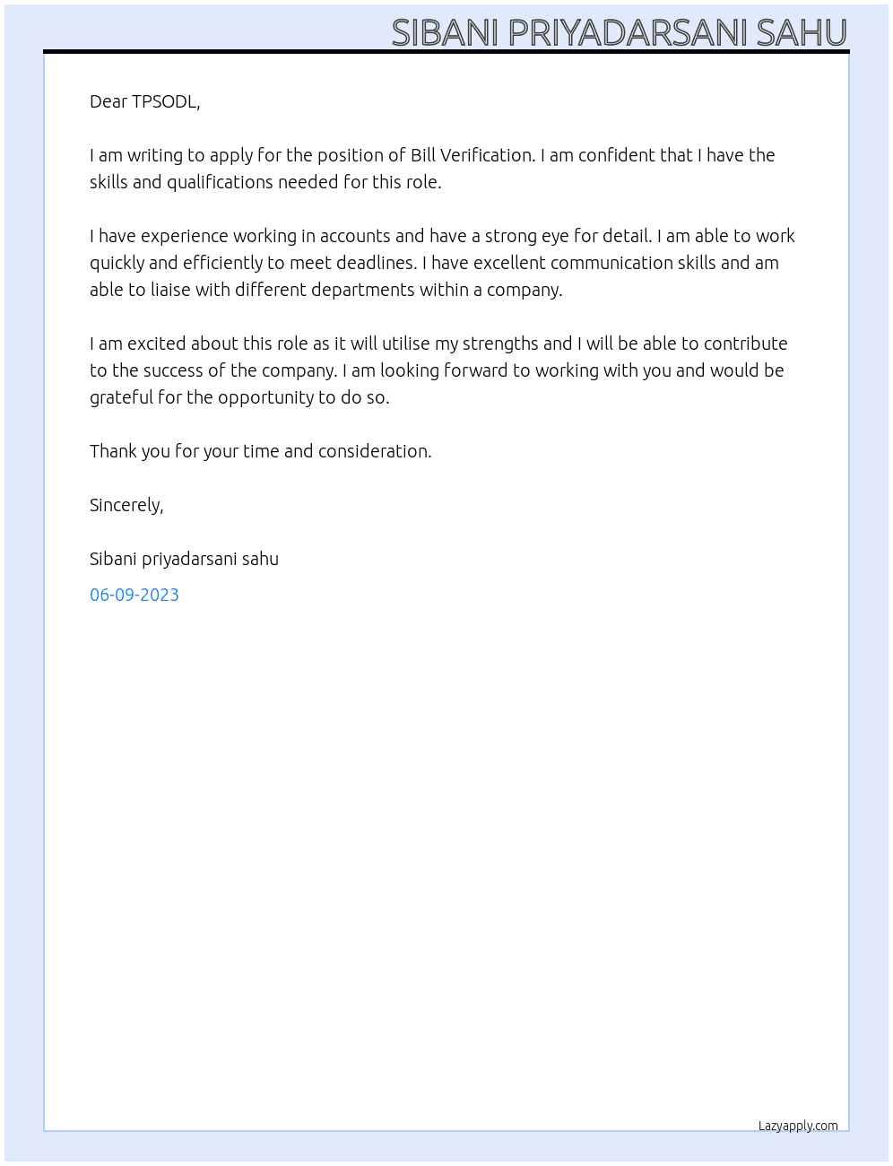 Bill verification At TPSODL Cover Letter