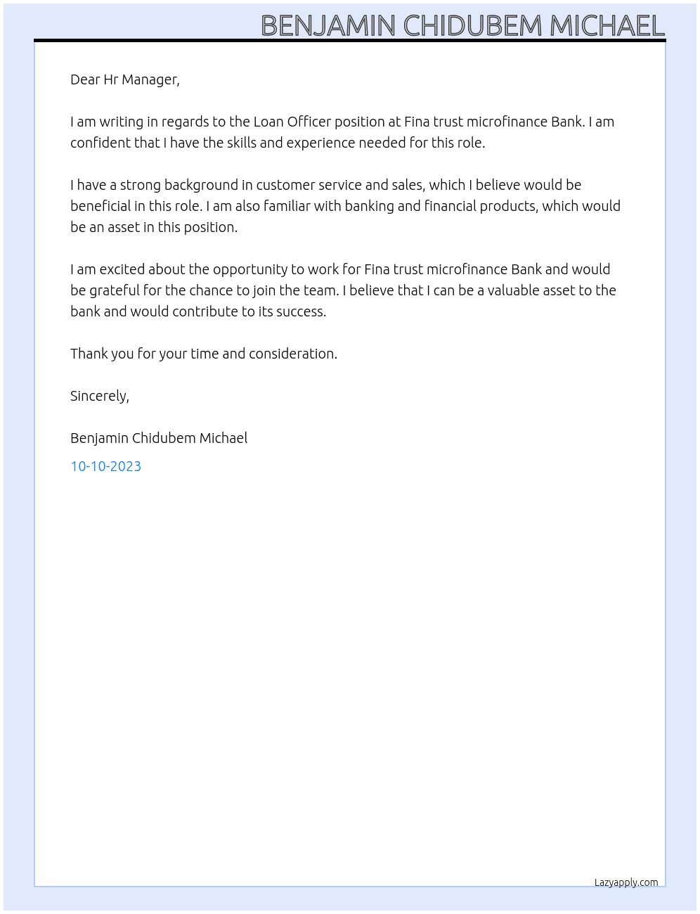 Loan Officers At Fina trust microfinance Bank Cover Letter