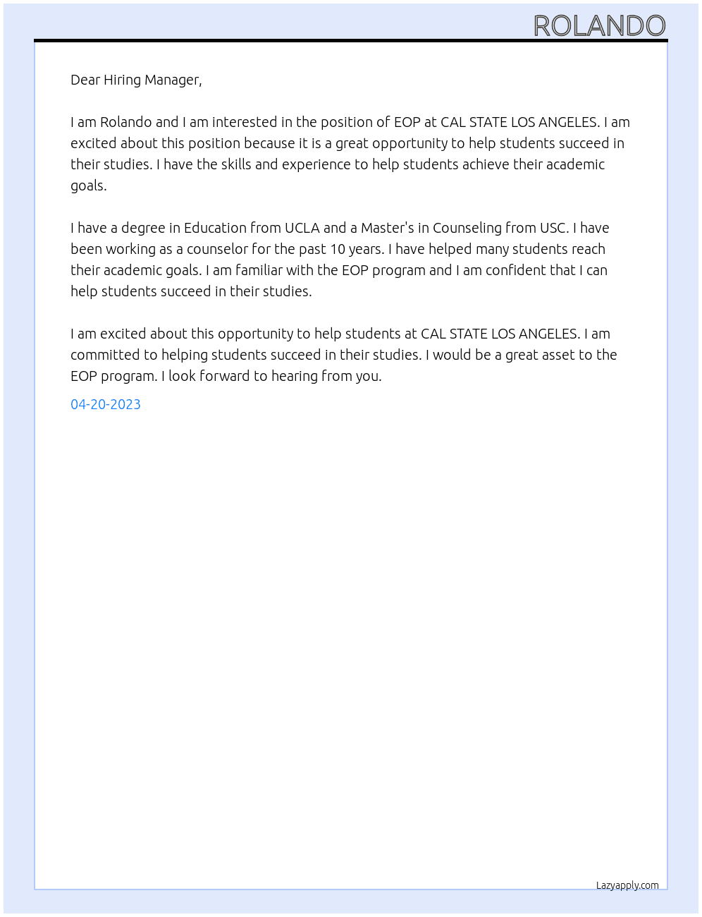 EOP At CAL STATE LOS ANGELES Cover Letter
