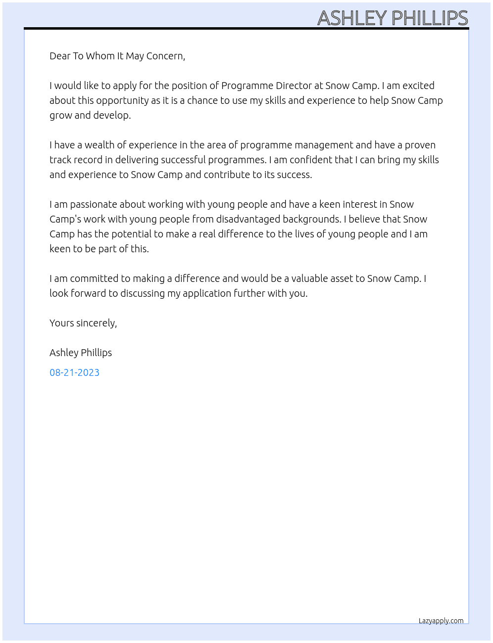 Programme Director At Snow Camp Cover Letter