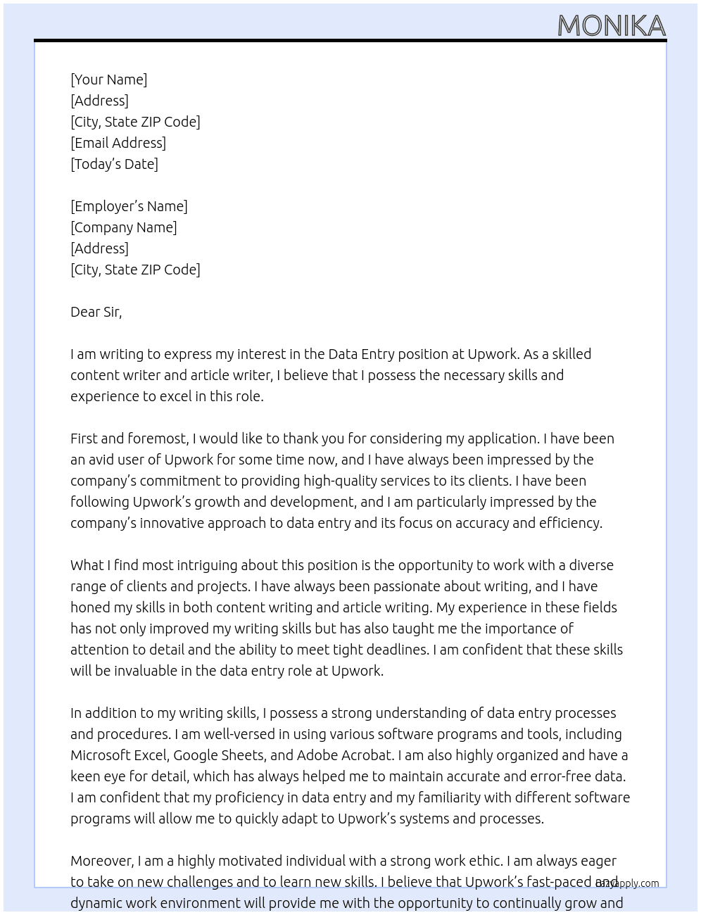 data entry job At Upwork Cover Letter