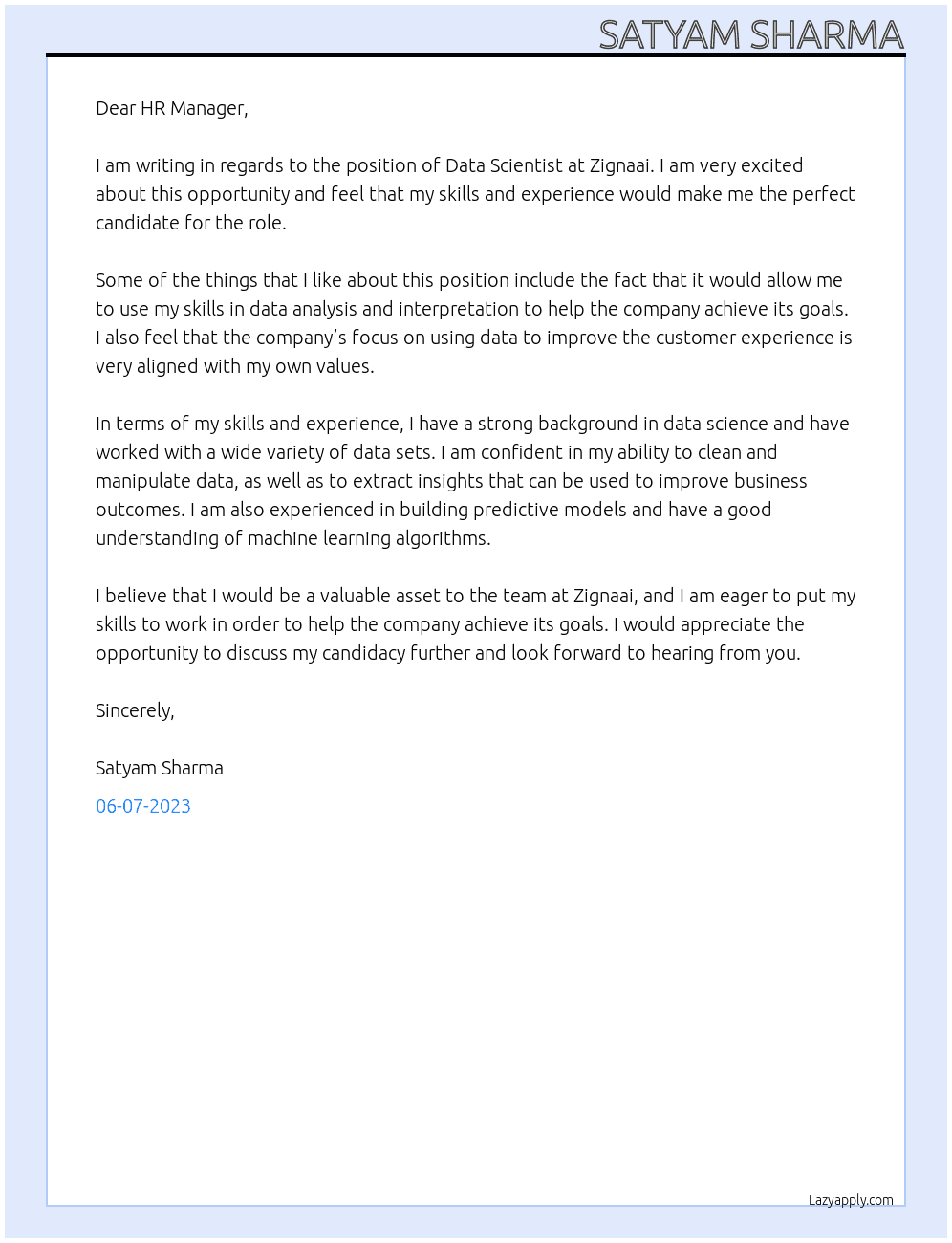 Data Scientist At Zignaai Cover Letter