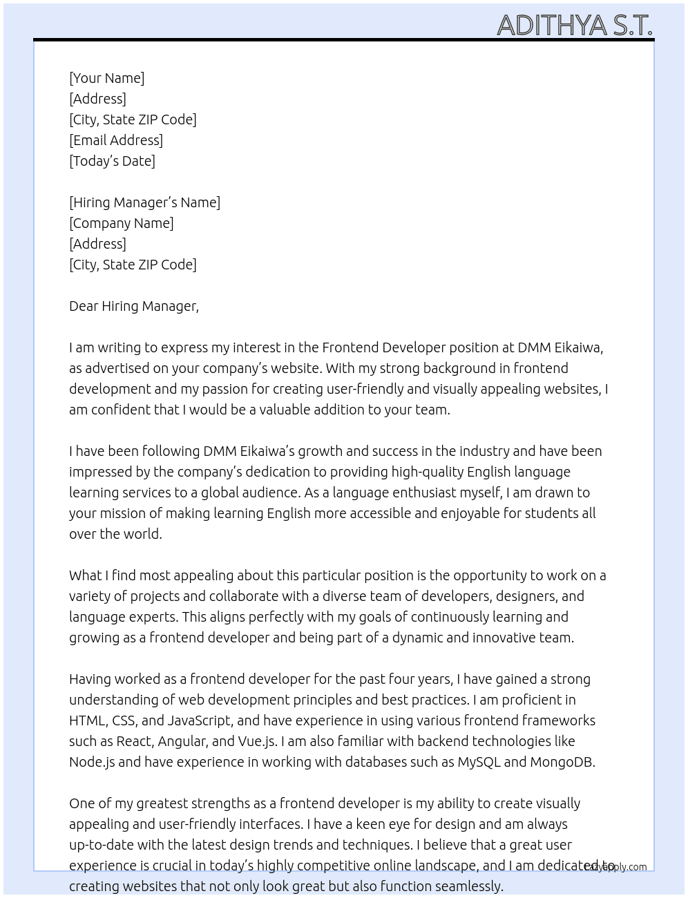 Frontend Developer At DMM Eikaiwa Cover Letter