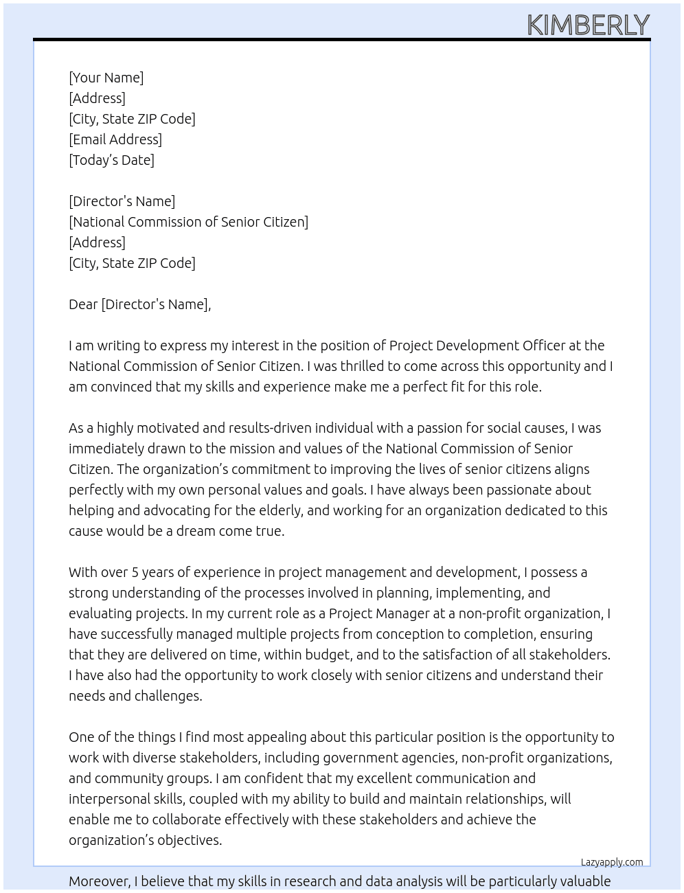 project development officer At National Commission of Senior Citizen Cover Letter
