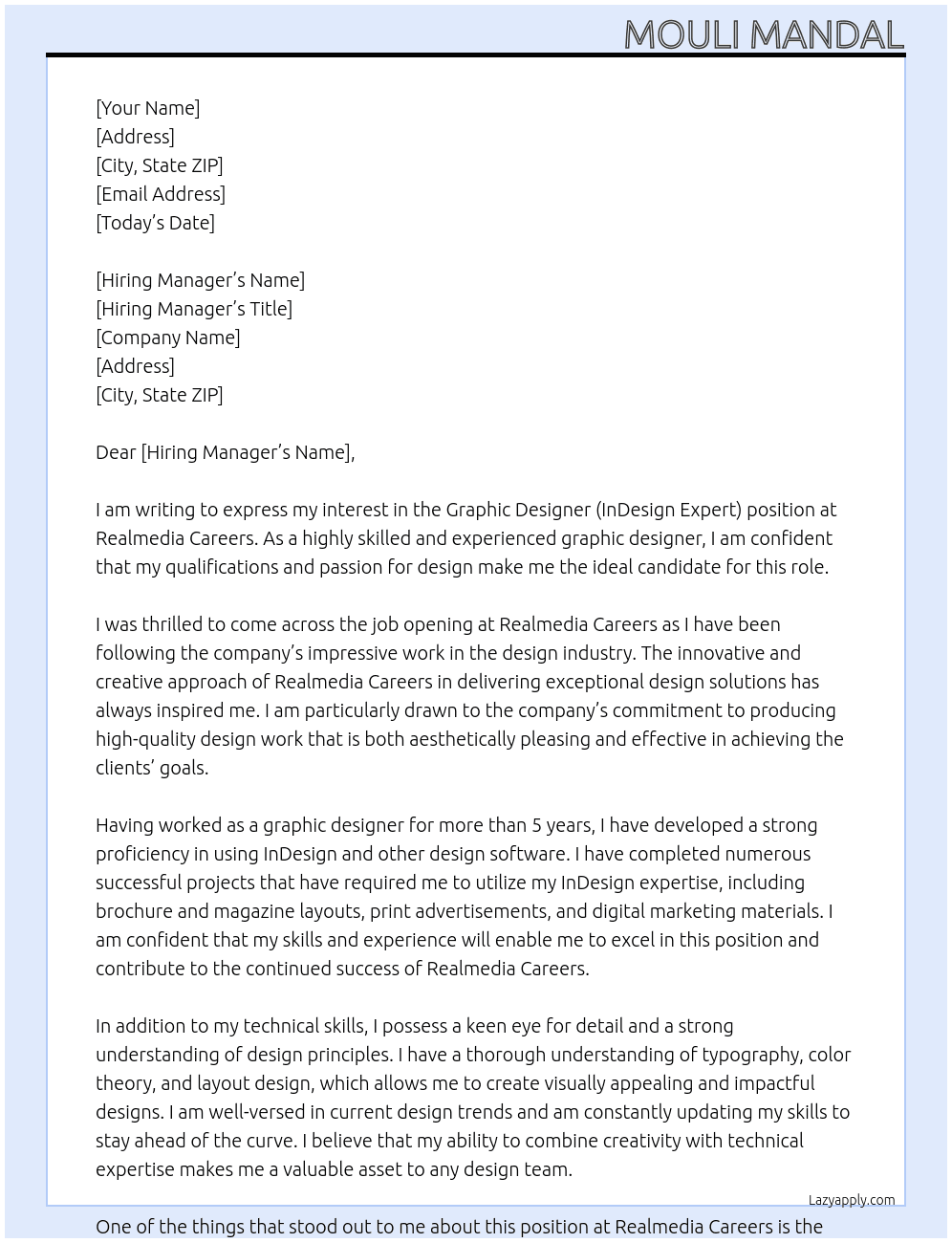 Graphic Designer (InDesign Expert) At Realmedia Careers Cover Letter