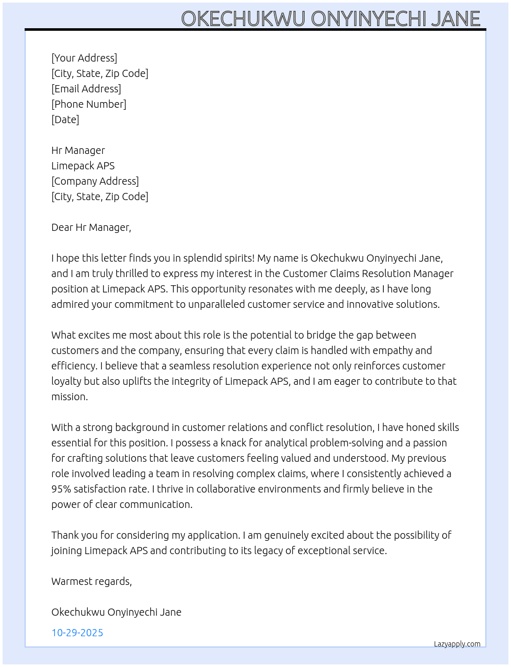 Cover letter for customer claims resolution manager - LazyApply