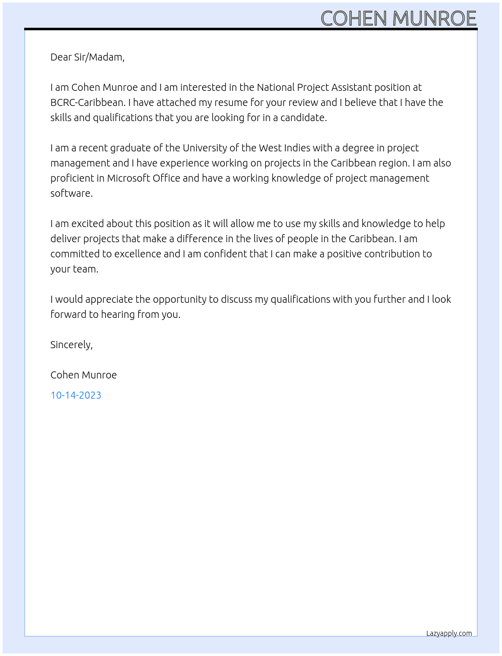 National Project Assistant At BCRC-Caribbean Cover Letter