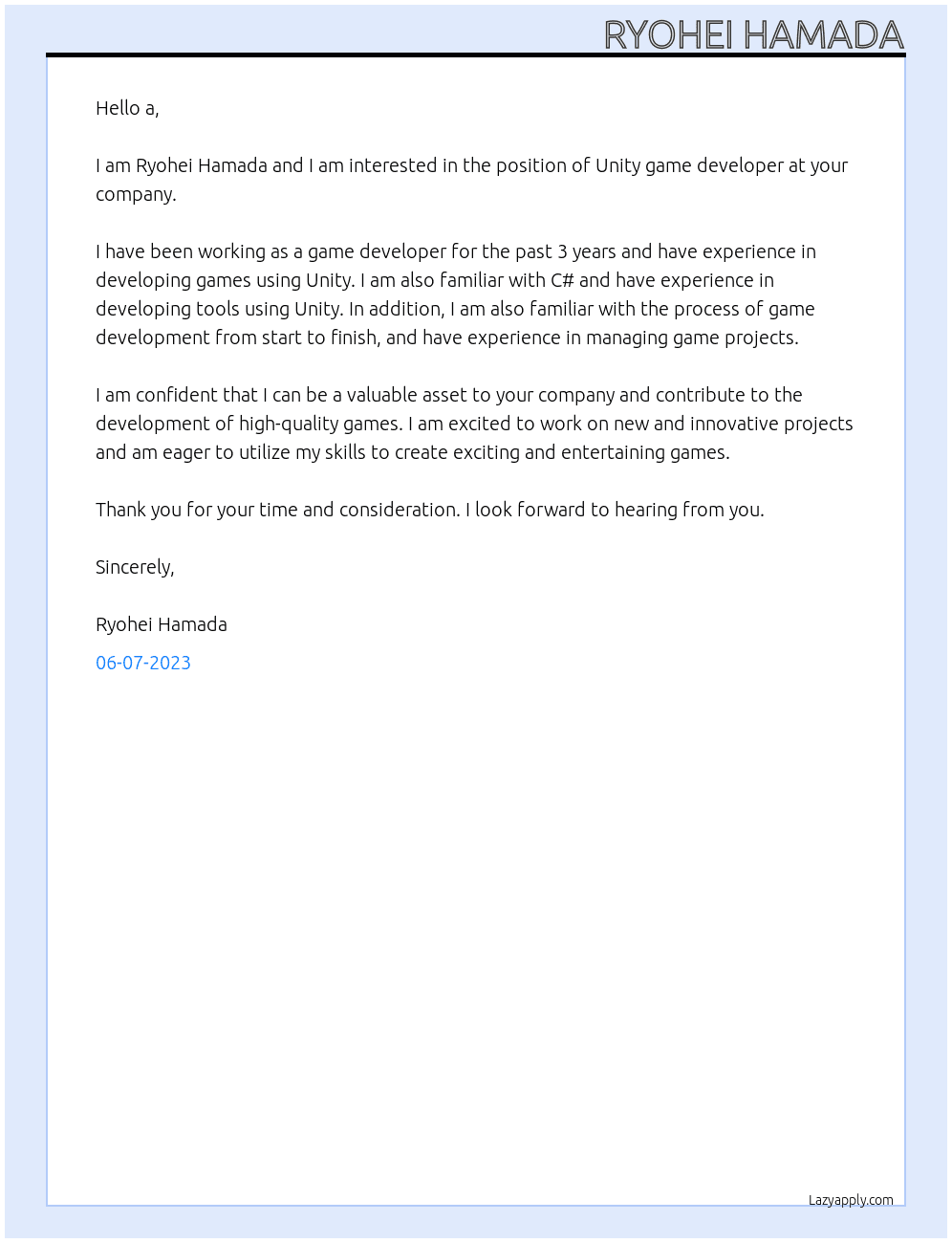 Unity game developer At a Cover Letter