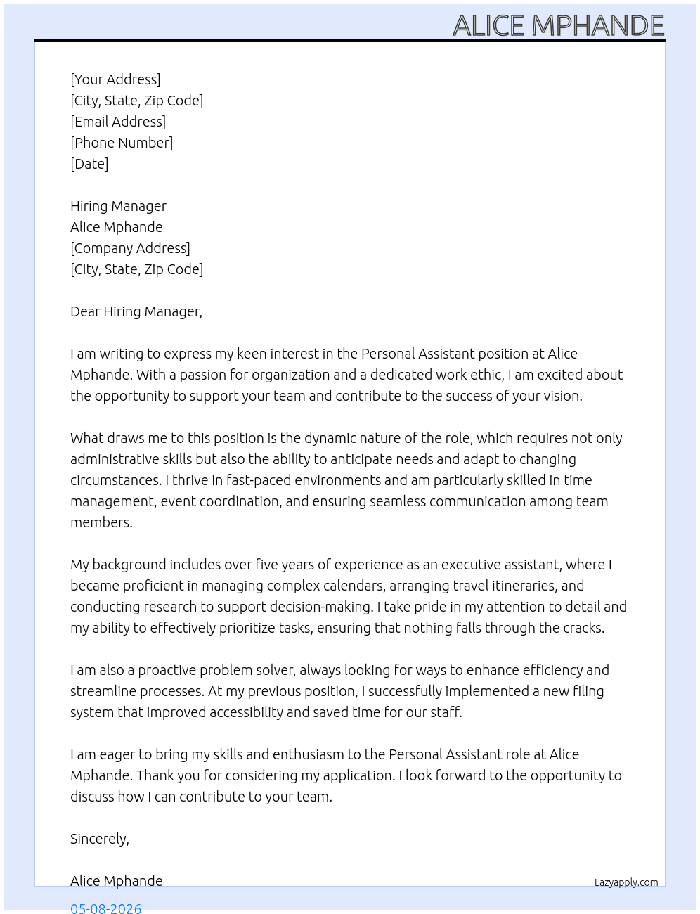 Personal Assistant At Alice Mphande Cover Letter