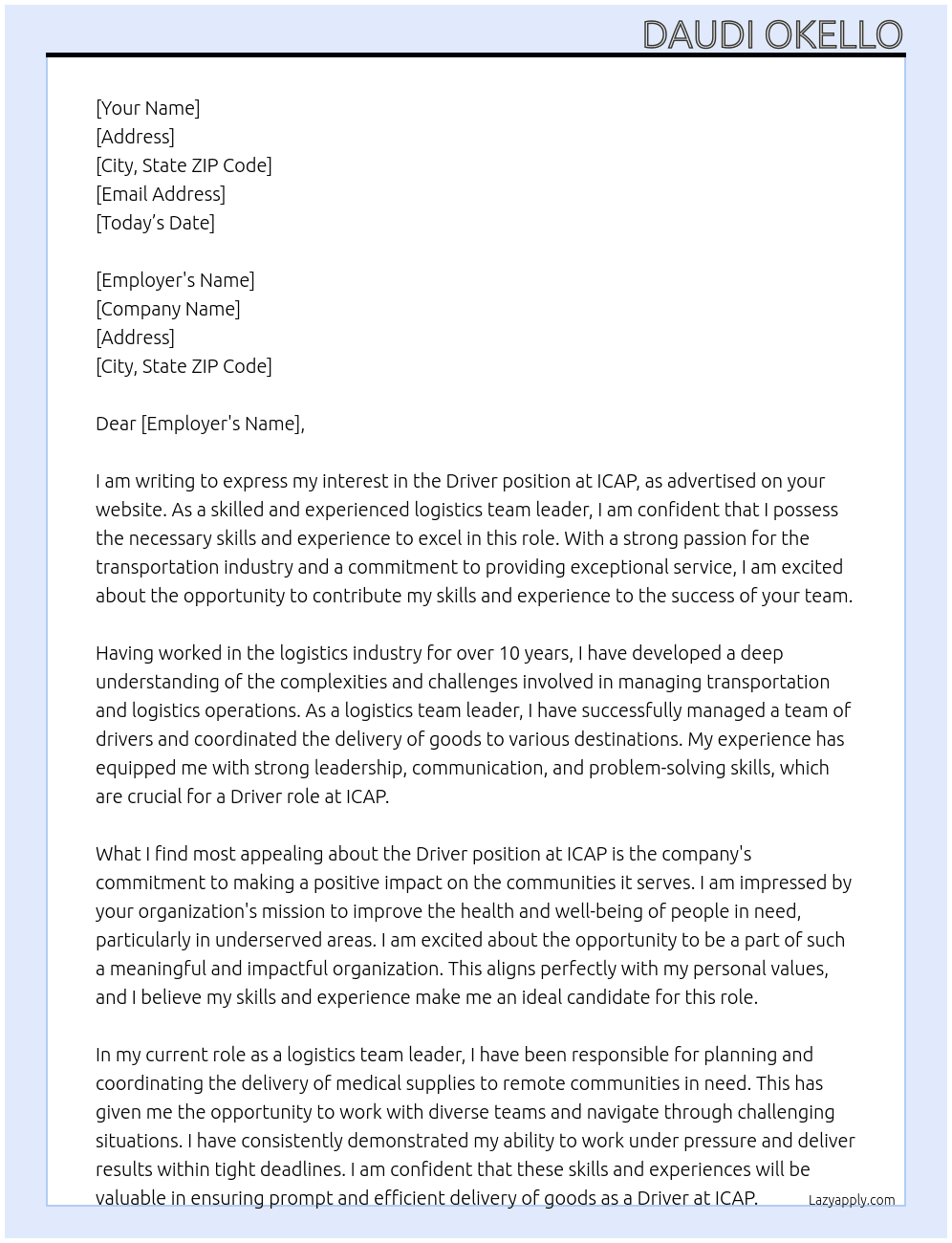 driver At ICAP Cover Letter
