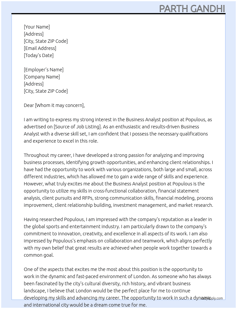 Business Analyst At Populous Cover Letter