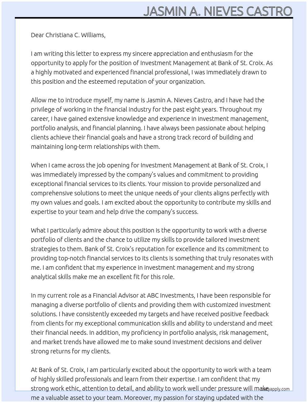 Investment Management At Bank of St. Croix Cover Letter