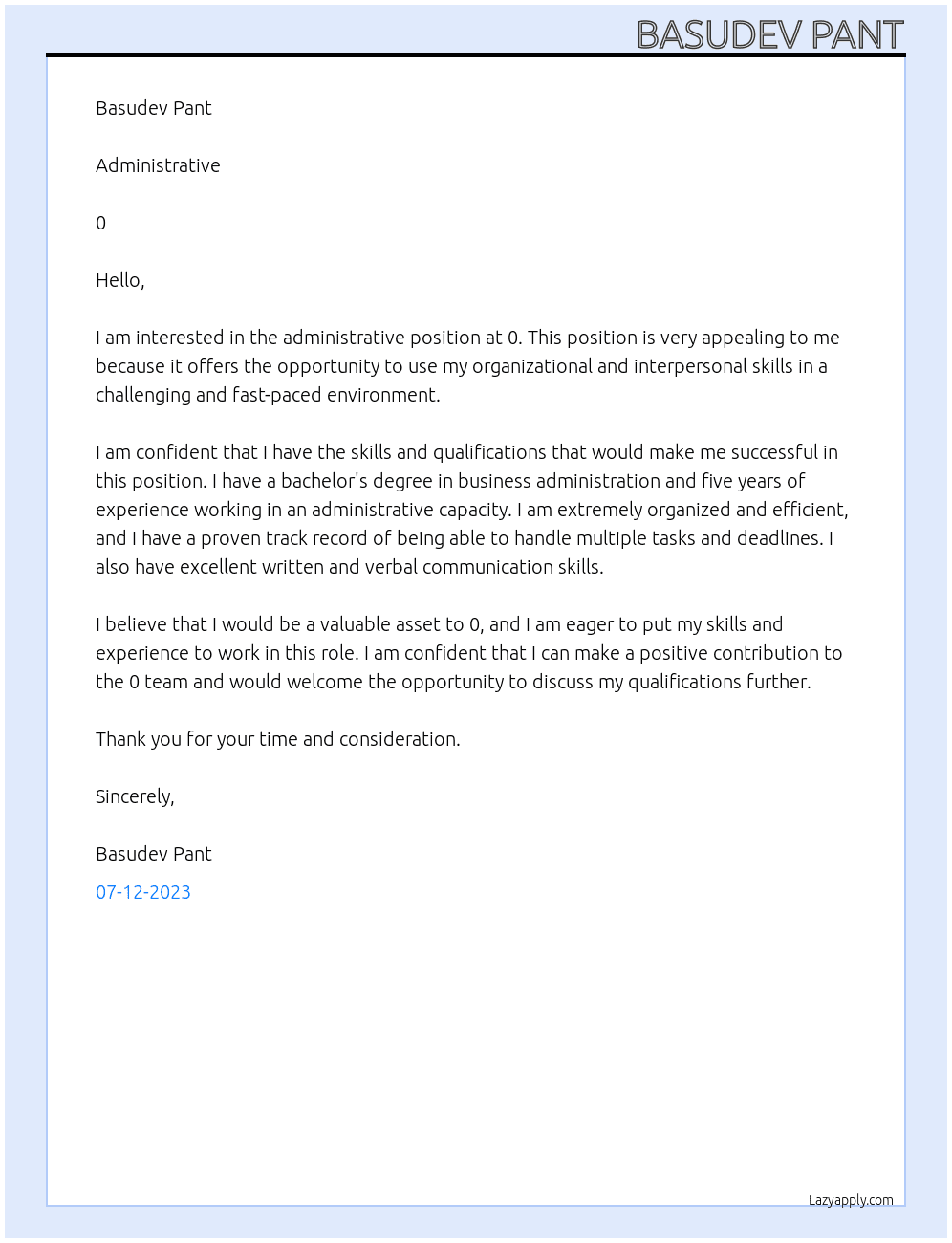 administrative  At 0 Cover Letter