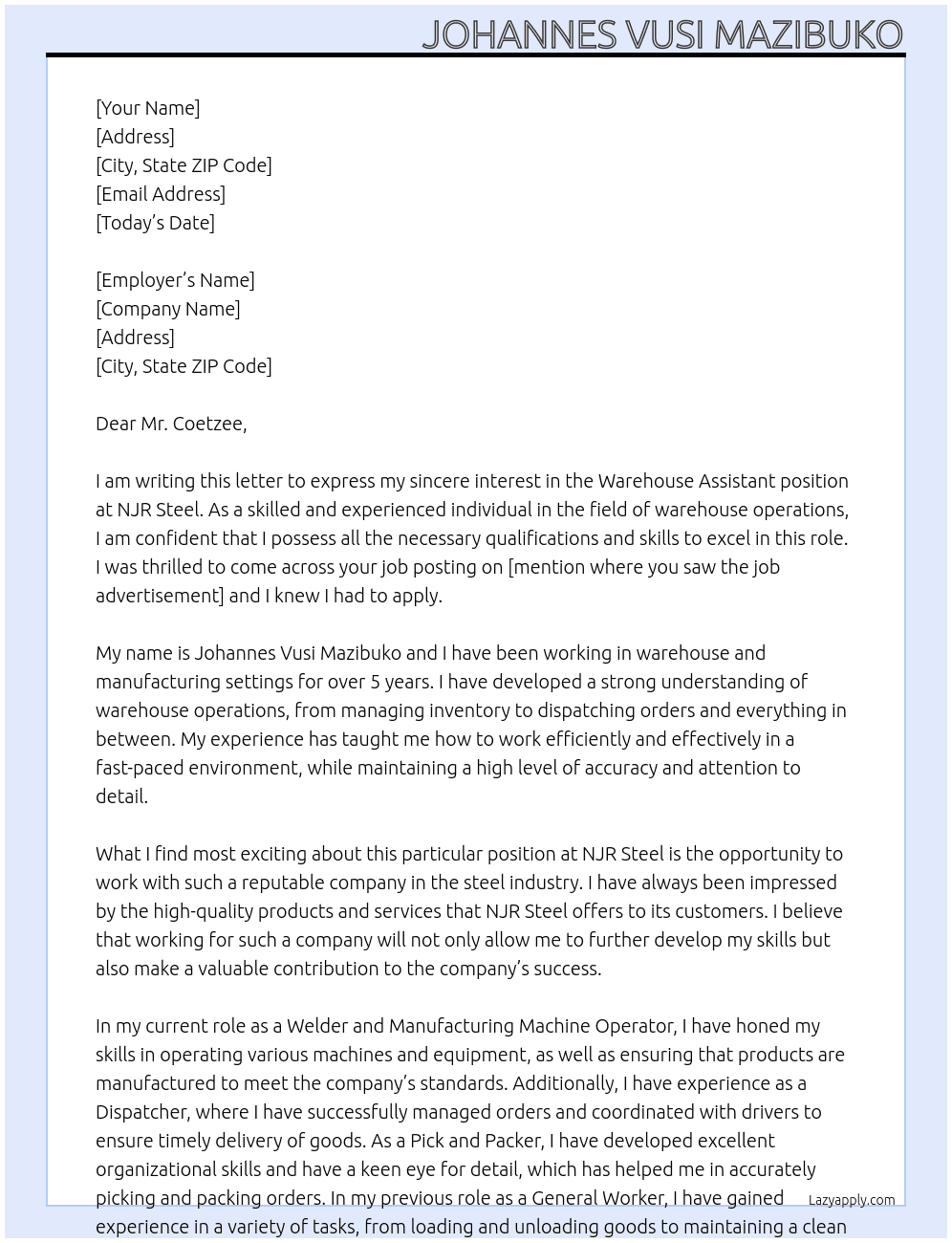 Werehouse assistant  At Njr steel Cover Letter