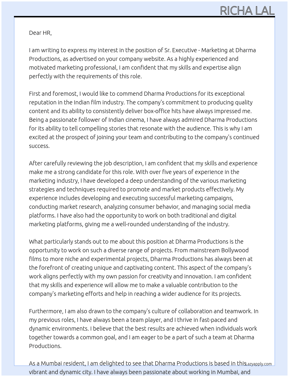 Sr Executive - Marketing At Dharma Productions Cover Letter