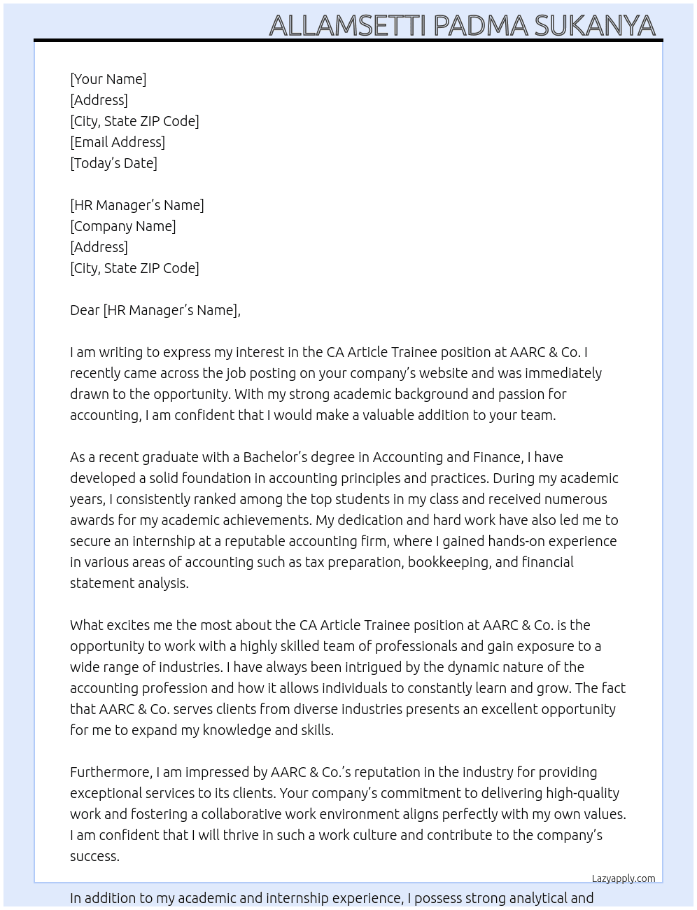 CA Article Trainee  At AARC & Co. Cover Letter