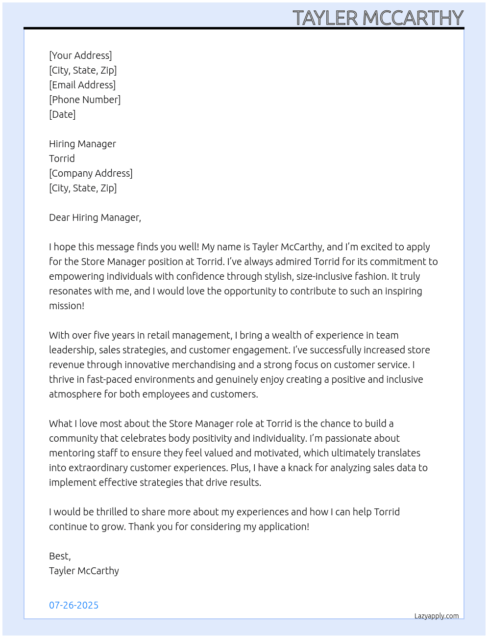 Store Manager At Torrid Cover Letter