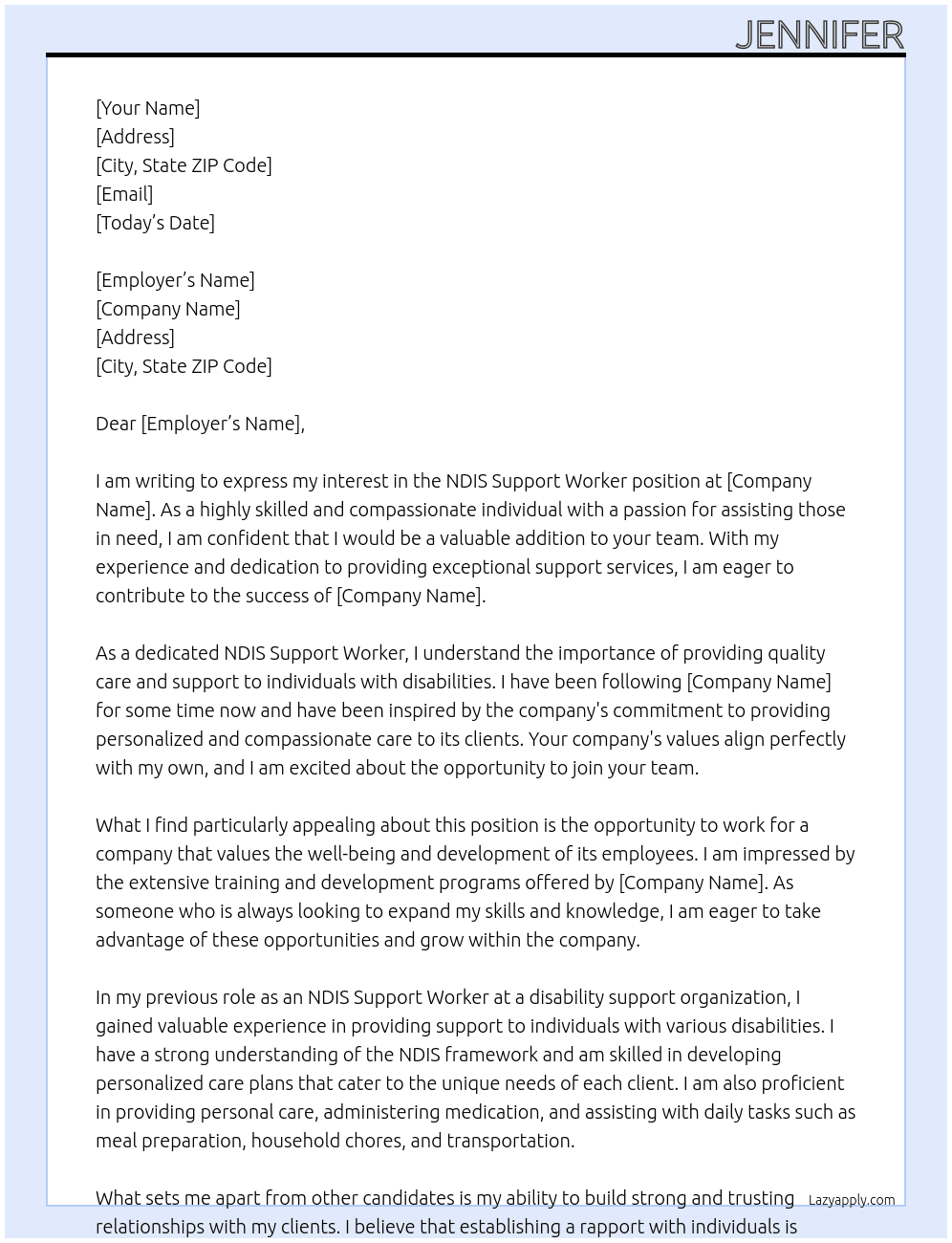 Ndis Support Worker At admin and support Cover Letter