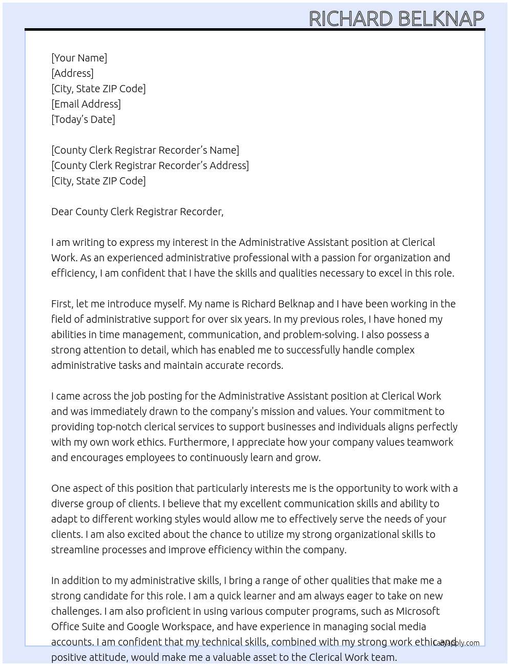Administrative assistant At Clerical work Cover Letter