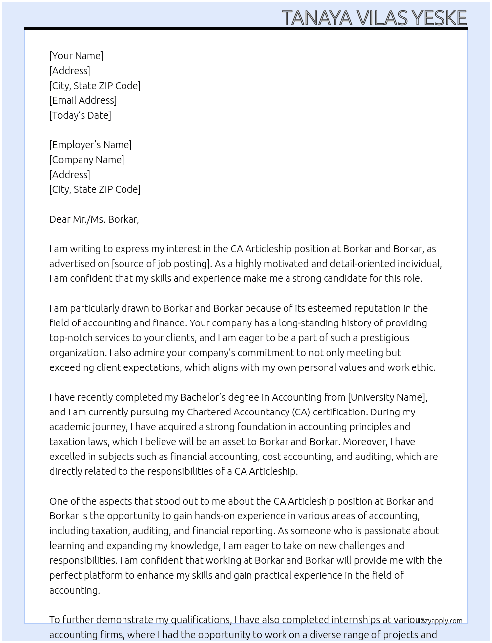 CA Articleship At Borkar and borkar Cover Letter