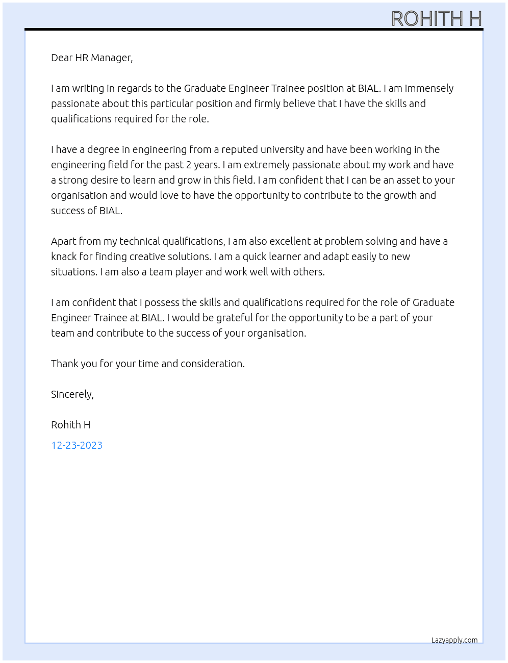 Graduate Engineer Trainee At BIAL Cover Letter