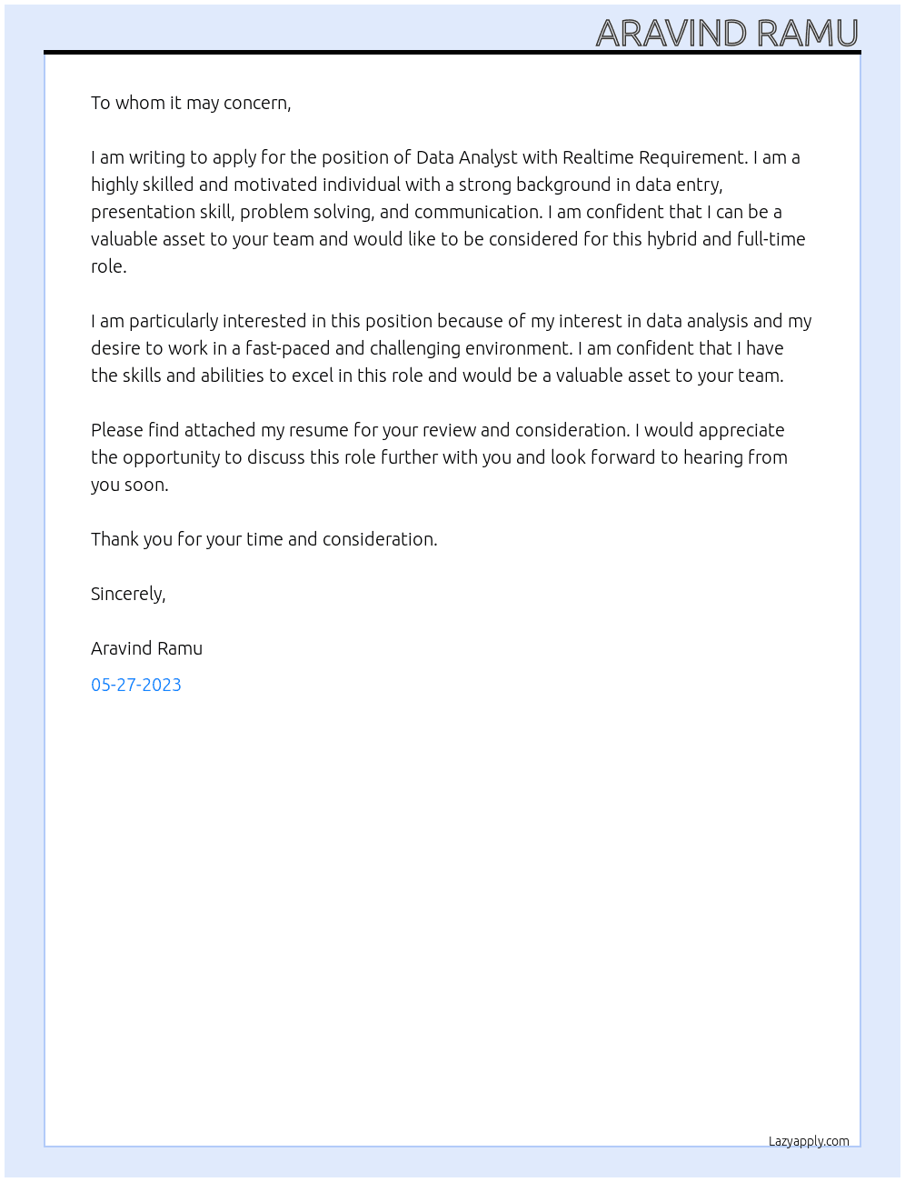 Data Analyst At Realtime Requirement Cover Letter